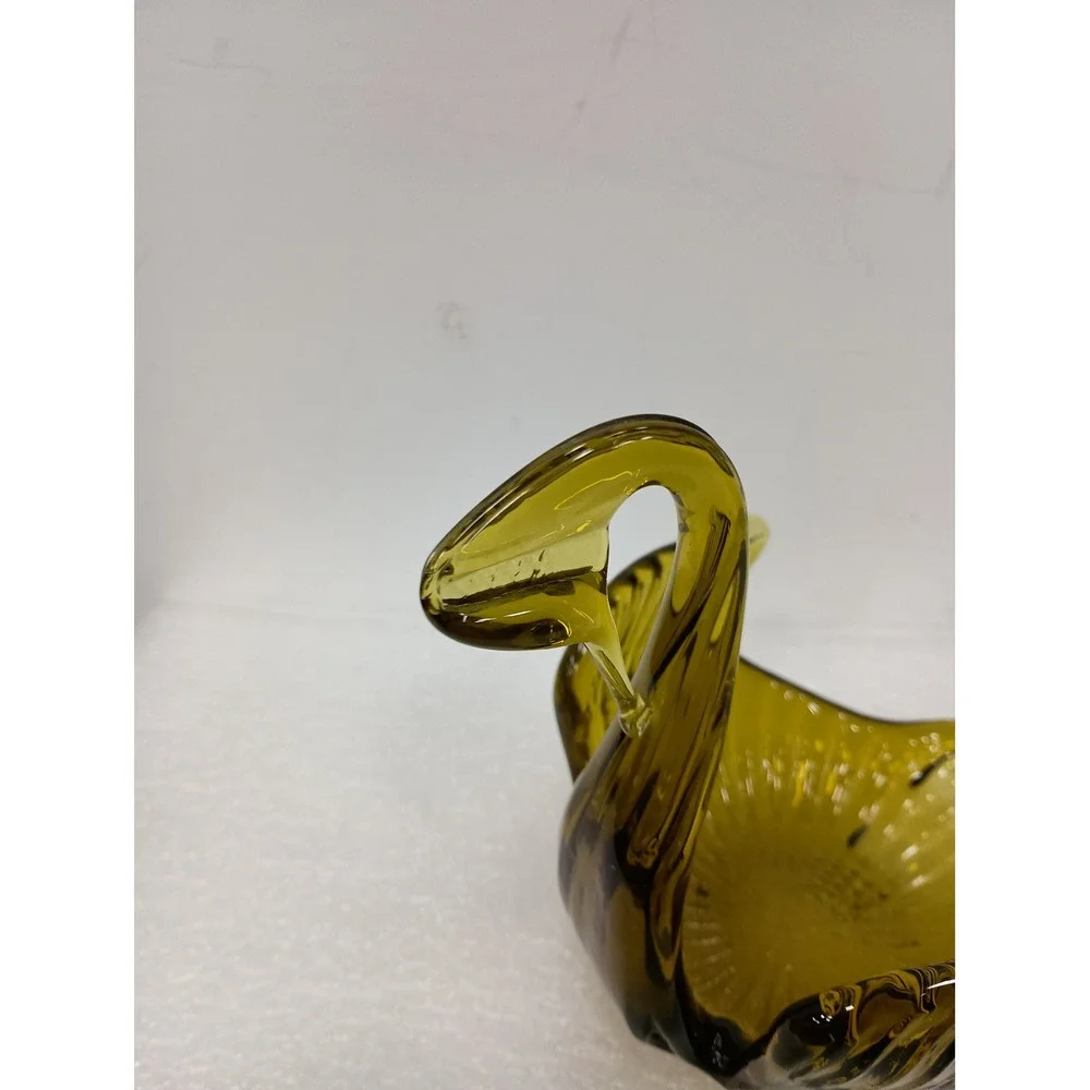 Vintage Olive Green Art Glass Swan Bowl MCM Decor Ribbed Candy Dish